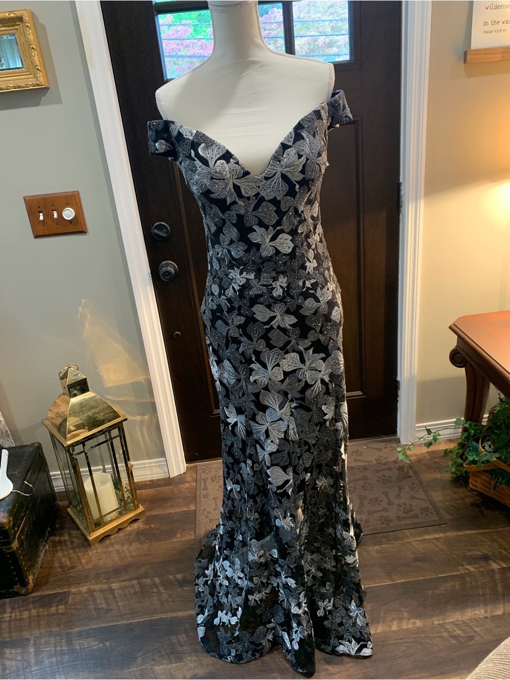 Jovani Black and Silver Strapless Off-Shoulder Floral Sequin Gown